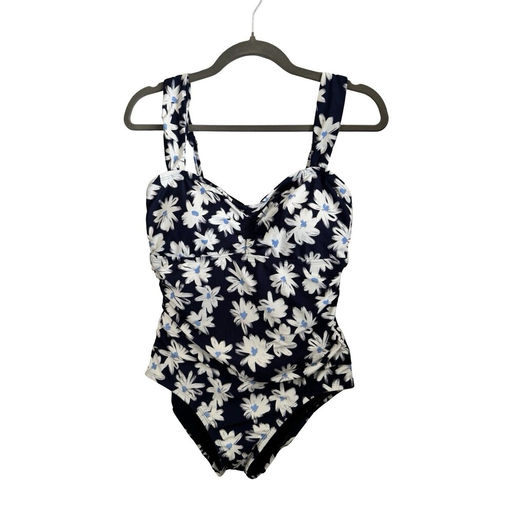 Lands End Shirred Bandeau One Piece Swimsuit Dark Blue/White Medium NWT Size 8